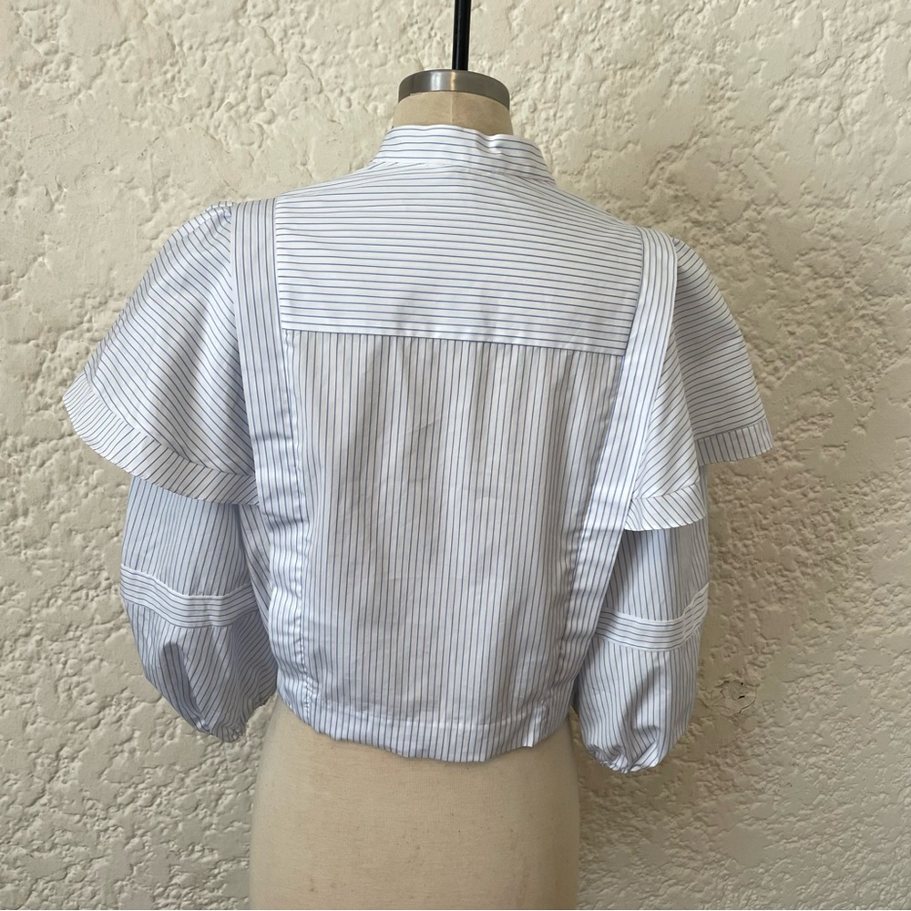Sandro Yzeure Blue + White Cotton Striped Ruffled Cropped Shirt Size 4, Preppy - Picture 3 of 14